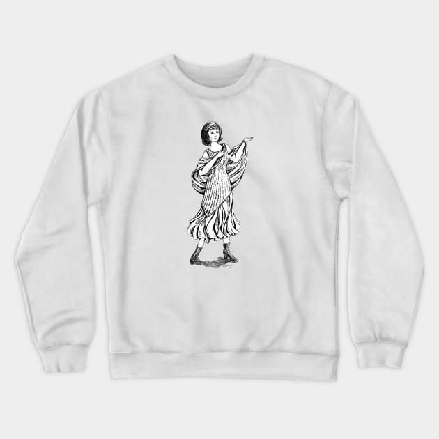 Ink drawing - flapper, B&W Crewneck Sweatshirt by LadyCaro1